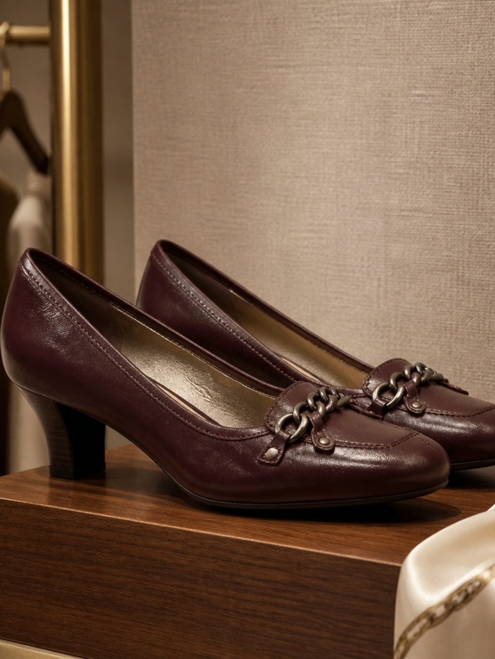 ANTONIO MELANI Burgundy Leather Mid-Heel Chain Detail Pumps - Picture 2 of 4